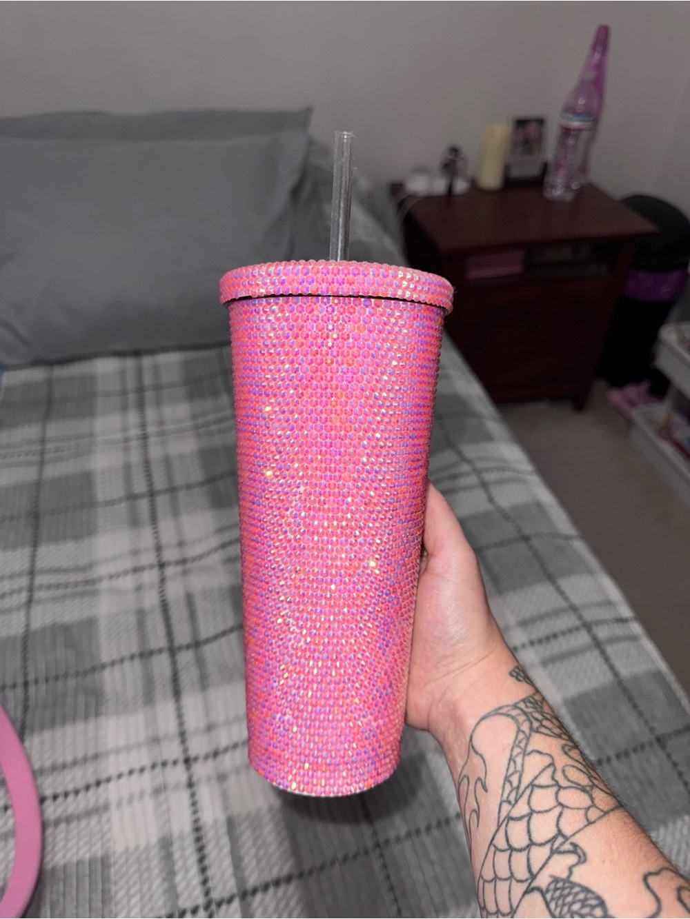Rhinestone Pink Tumbler Cup with Straw